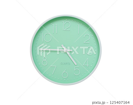 Modern mint green wall clock with white frame and numbers, showing 04:45 or 16:45. Ideal for minimalist designs, time-related content, or morning routine visuals. 125407164