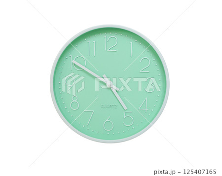 Modern mint green wall clock with white frame and numbers, showing 04:50 or 16:50. Ideal for minimalist designs, time-related content, or morning routine visuals. 125407165