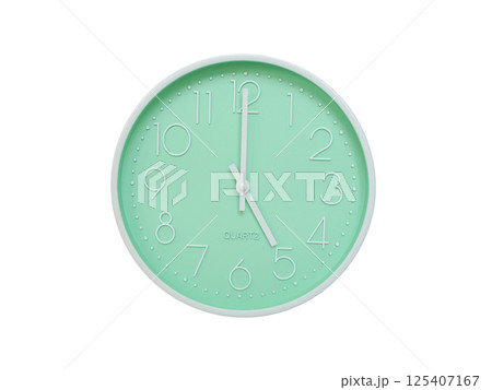 Modern mint green wall clock with white frame and numbers, showing 05:00 or 17:00. Ideal for minimalist designs, time-related content, or morning routine visuals. 125407167