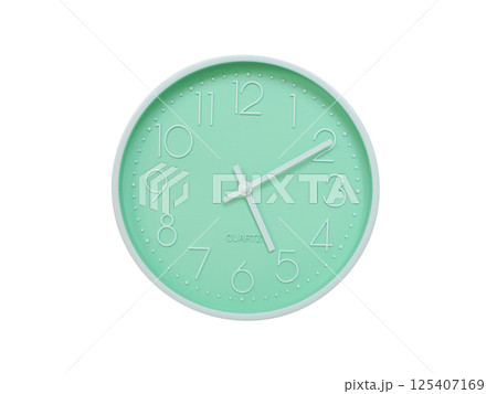 Modern mint green wall clock with white frame and numbers, showing 05:10 or 17:10. Ideal for minimalist designs, time-related content, or morning routine visuals. 125407169