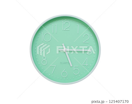 Modern mint green wall clock with white frame and numbers, showing 05:15 or 17:15. Ideal for minimalist designs, time-related content, or morning routine visuals. 125407170
