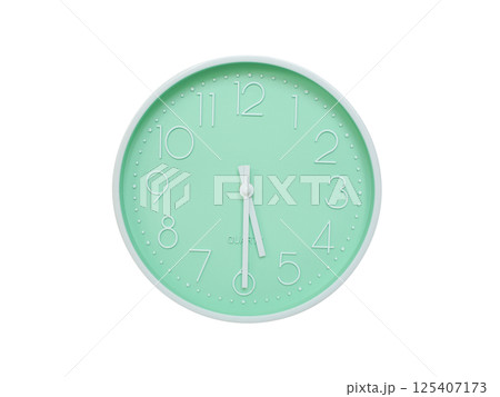 Modern mint green wall clock with white frame and numbers, showing 05:30 or 17:30. Ideal for minimalist designs, time-related content, or morning routine visuals. 125407173