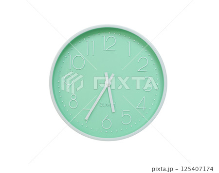Modern mint green wall clock with white frame and numbers, showing 05:35 or 17:35. Ideal for minimalist designs, time-related content, or morning routine visuals. 125407174