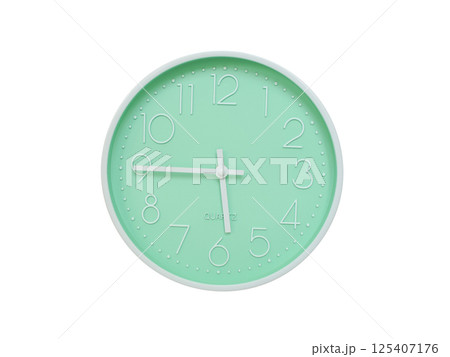 Modern mint green wall clock with white frame and numbers, showing 05:45 or 17:45. Ideal for minimalist designs, time-related content, or morning routine visuals. 125407176