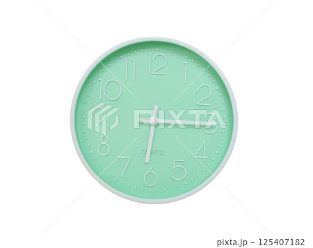 Modern mint green wall clock with white frame and numbers, showing 06:15 or 18:15. Ideal for minimalist designs, time-related content, or morning routine visuals. Modern mint green wall clock with white frame and numbers, showing 06:15 or 18:15. Ideal for minimalist designs, time-related content, or morning routine visuals. 125407182