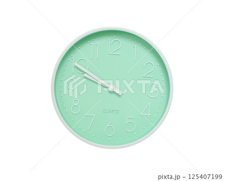 Modern mint green wall clock with white frame and numbers, showing 09:50 or 21:50. Ideal for minimalist designs, time-related content, or morning routine visuals. Modern mint green wall clock with white frame and numbers, showing 09:50 or 21:50. Ideal for minimalist designs, time-related content, or morning routine visuals. 125407199