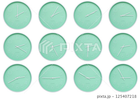 Collection of mint green wall clocks with white numbers and hands, each showing a different time 02:00 to 02:55 or 14:00 to 14:55. Perfect for concepts related to time, routine, or scheduling in 125407218