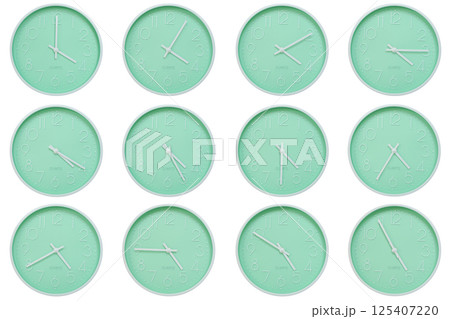Collection of mint green wall clocks with white numbers and hands, each showing a different time 04:00 to 04:55 or 16:00 to 16:55. Perfect for concepts related to time, routine, or scheduling in Collection of mint green wall clocks with white numbers and hands, each showing a different time 04:00 to 04:55 or 16:00 to 16:55. Perfect for concepts related to time, routine, or scheduling in 125407220