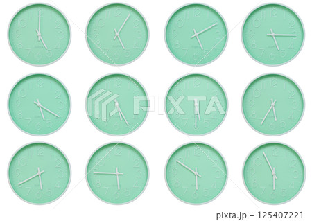 Collection of mint green wall clocks with white numbers and hands, each showing a different time 05:00 to 05:55 or 17:00 to 17:55. Perfect for concepts related to time, routine, or scheduling in 125407221