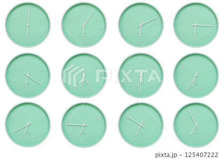 Collection of mint green wall clocks with white numbers and hands, each showing a different time 06:00 to 06:55 or 18:00 to 18:55. Perfect for concepts related to time, routine, or scheduling in 125407222