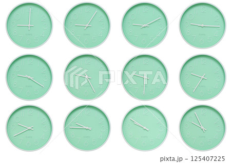 Collection of mint green wall clocks with white numbers and hands, each showing a different time 09:00 to 09:55 or 21:00 to 21:55. Perfect for concepts related to time, routine, or scheduling in 125407225