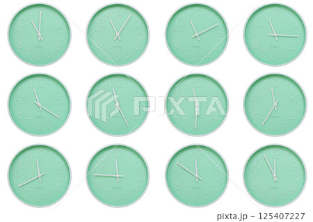 Collection of mint green wall clocks with white numbers and hands, each showing a different time 11:00 to 11:55 or 23:00 to 23:55. Perfect for concepts related to time, routine, or scheduling in Collection of mint green wall clocks with white numbers and hands, each showing a different time 11:00 to 11:55 or 23:00 to 23:55. Perfect for concepts related to time, routine, or scheduling in 125407227