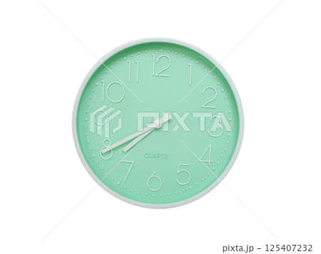 Modern mint green wall clock with white frame and numbers, showing 07:40 or 19:40. Ideal for minimalist designs, time-related content, or morning routine visuals. Modern mint green wall clock with white frame and numbers, showing 07:40 or 19:40. Ideal for minimalist designs, time-related content, or morning routine visuals. 125407232