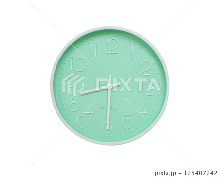 Modern mint green wall clock with white frame and numbers, showing 08:30 or 20:30. Ideal for minimalist designs, time-related content, or morning routine visuals. 125407242