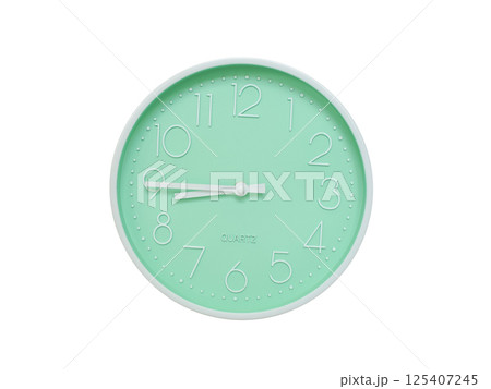 Modern mint green wall clock with white frame and numbers, showing 08:45 or 20:45. Ideal for minimalist designs, time-related content, or morning routine visuals. Modern mint green wall clock with white frame and numbers, showing 08:45 or 20:45. Ideal for minimalist designs, time-related content, or morning routine visuals. 125407245