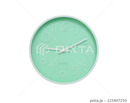 Modern mint green wall clock with white frame and numbers, showing 09:10 or 21:10. Ideal for minimalist designs, time-related content, or morning routine visuals. Modern mint green wall clock with white frame and numbers, showing 09:10 or 21:10. Ideal for minimalist designs, time-related content, or morning routine visuals. 125407250