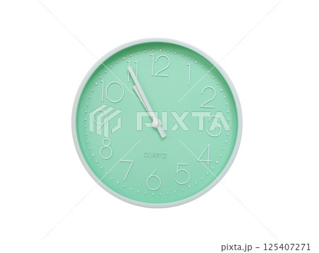 Modern mint green wall clock with white frame and numbers, showing 10:55 or 22:55. Ideal for minimalist designs, time-related content, or morning routine visuals. Modern mint green wall clock with white frame and numbers, showing 10:55 or 22:55. Ideal for minimalist designs, time-related content, or morning routine visuals. 125407271