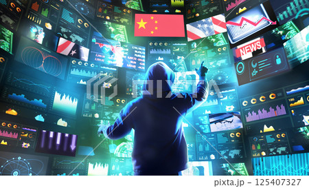 Person in hoodie gestures toward stacked news and finance monitors showing market crashes, global downturn, and nation flags. 125407327