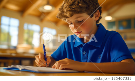 A focused young boy in a blue polo shirt writing in a notebook at a wooden desk in a bright classroom 125407333