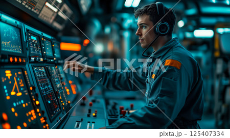 A control room operator wearing a headset, monitoring advanced systems and operating machinery in a high-tech environment 125407334