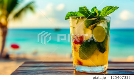 A refreshing mojito cocktail with lime and mint on a wooden table overlooking a tropical beach with clear blue water 125407335
