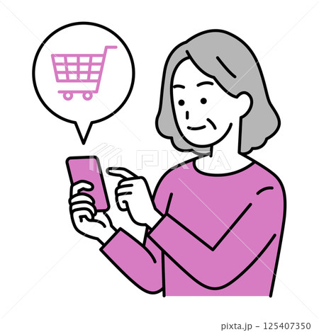 スマートフォンでネットショッピングをする年配の女性 125407350