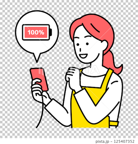 A woman in an apron charging a smartphone 125407352