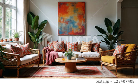 Bohemian style living room with rattan furniture, colorful cushions and indoor plants Bohemian style living room with rattan furniture, colorful cushions and indoor plants 125407409