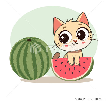 Funny cute cat holding a slice of watermelon 125407455