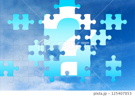 Missing puzzle piece with question mark on blue sky background 125407853