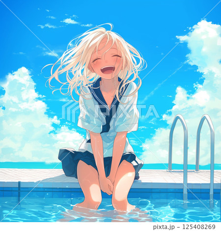 プールサイドに座っている女の子 プールサイドに座っている女の子 125408269