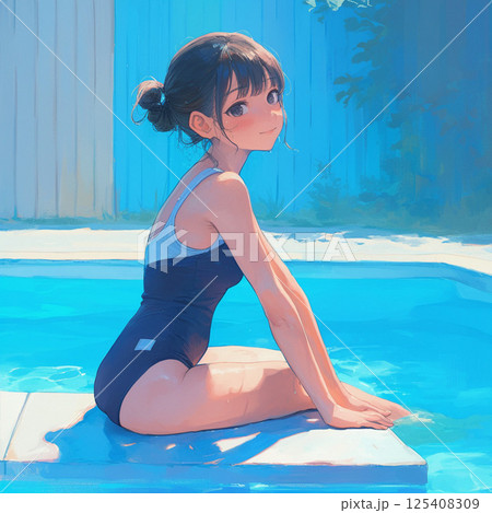 プールサイドに座っている女の子 125408309