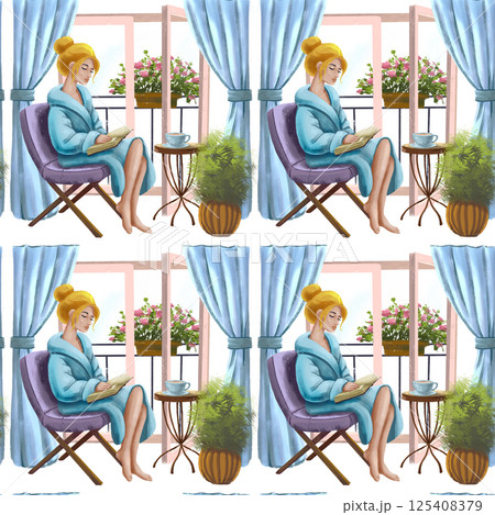 seamless pattern spring moments - woman on a chair with a book, table with a cup, seamless pattern spring moments - woman on a chair with a book, table with a cup, 125408379