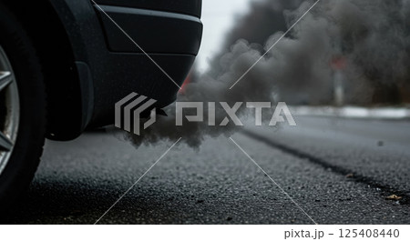 Car exhaust pipe emits dark smoke, sign of air pollution. Visible pollution 125408440
