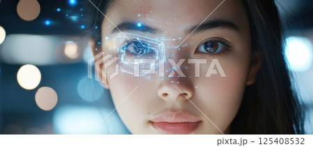 A sleek, futuristic interface projected as a glowing hologram from a user's advanced cyberpunk-inspired device, showcasing the power of modern technology and innovation. 125408532