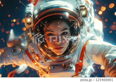 A 1950s pin-up style poster of a woman astronaut in a white spacesuit, floating in zero gravity, with Earth in the background, capturing a playful and empowering space exploration theme 125408901