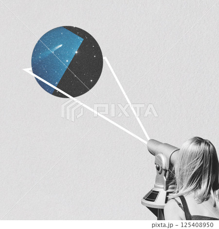 Woman watching and observing stars with telescope 125408950