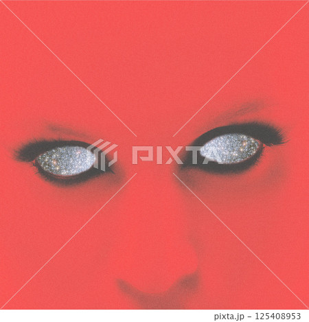 Red woman face silhouette with outer space in her eyes 125408953
