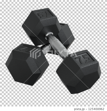 Hex Dumbbells with number 7.5, weightlifting gym equipment side view. Png clipart isolated on transparent background 125408962