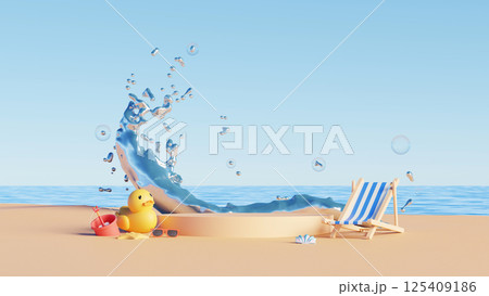 3D render, Summer beach vacation scene with display podium for product showing, rubber duck, splash water, and striped deck chair 3D render, Summer beach vacation scene with display podium for product showing, rubber duck, splash water, and striped deck chair 125409186