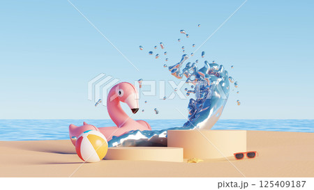 3D render, Empty podium on summer beach background decorated with inflatable flamingo, water splash, and beach ball 125409187