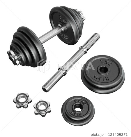 Black Adjustable Dumbbell and one taken apart. Rod handle, weight plates, locks 125409271