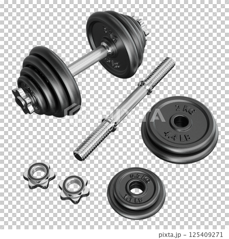 Black Adjustable Dumbbell and one taken apart. Rod handle, weight plates, locks 125409271
