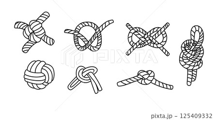 Set illustrations of nautical rope knots. Nautical, travel and decorative loops. 125409332