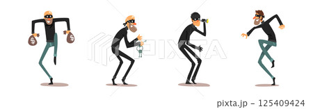 Man Thief and Burglar in Mask Stealing Money Vector Set 125409424