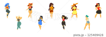 Plump, Overweight, Plus Size Curvy Woman Character Vector Set Plump, Overweight, Plus Size Curvy Woman Character Vector Set 125409428