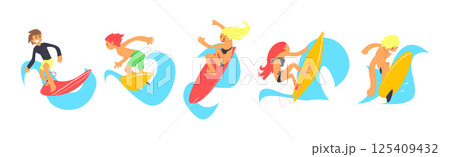 Man and Woman Surfer Character Ride Ocean Wave on Surfboard Vector Set Man and Woman Surfer Character Ride Ocean Wave on Surfboard Vector Set 125409432