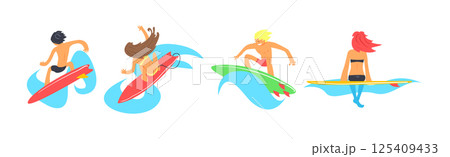 Man and Woman Surfer Character Ride Ocean Wave on Surfboard Vector Set 125409433