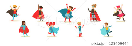 Boy and Girl Superhero Wearing Cloak and Cape Vector Set 125409444