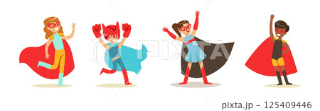 Boy and Girl Superhero Wearing Cloak and Cape Vector Set 125409446